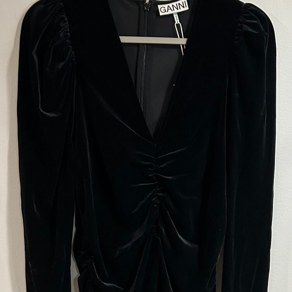 Ganni Velvet Jersey Gathered Mini Dress | Black / 44/US12 - Picture 9 of 11